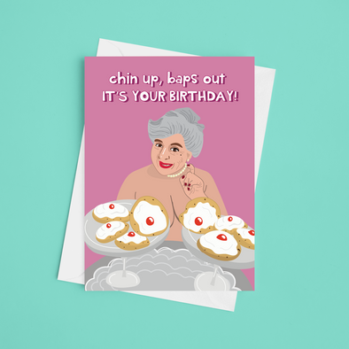 Miriam Magoyles Chin Up Baps Out  - A5 Miriam Margoyles Happy Birthday Card