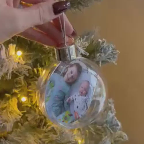 Video of a personalised double sided photo Christmas bauble