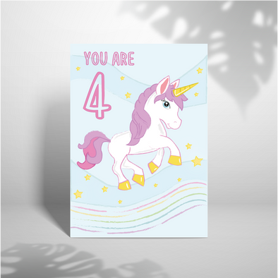Happy 4th Birthday Unicorn - A5 Greeting Card