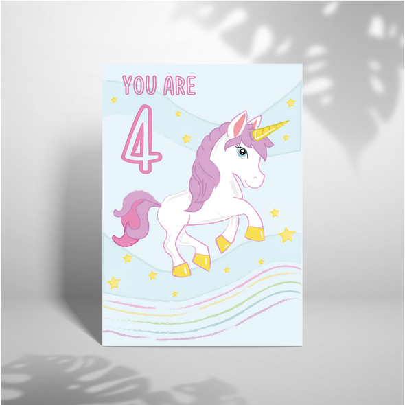 Happy 4th Birthday Unicorn - A5 Greeting Card (Blank)