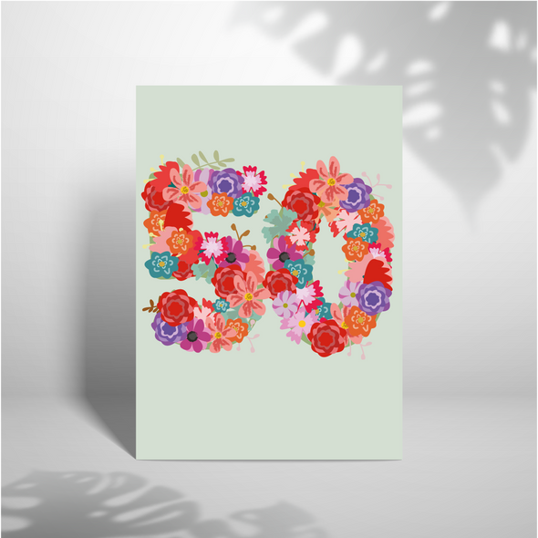 Happy 50th Birthday Floral - A5 Greeting Card (Blank)