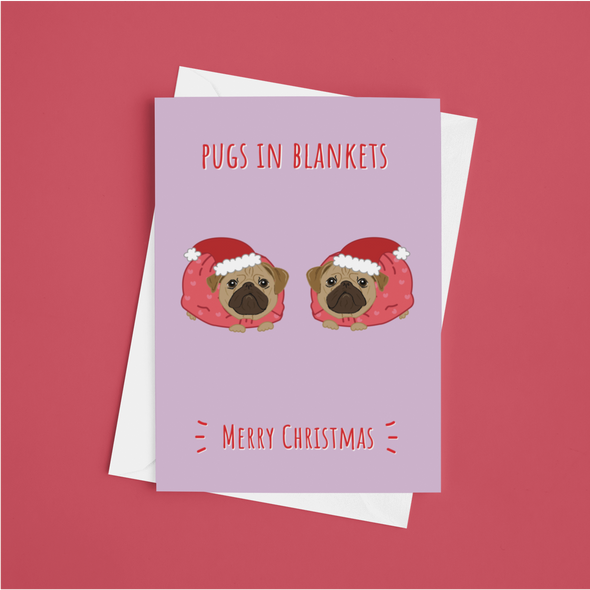 Pugs In Blankets - A5 Greeting Card